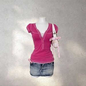 Vintage 00s Anxiety Hot Pink Cap Sleeve Top w/ White Contrast Stitch